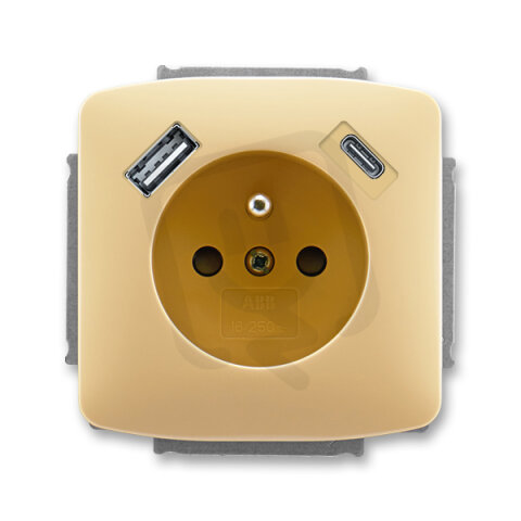 Zásuvka s kolíkem, s clonkami, USB-A/C béžová ABB 5569A-A32357 D