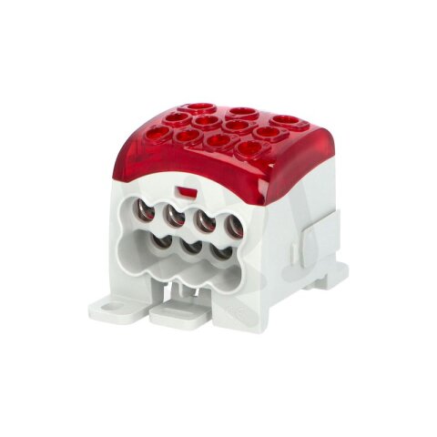 Blok pro rozdělení fází PDB 270, 1pól., 270A, 690V, červený/průhl. víko, na DIN