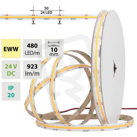LED pásek COB EWW, 480LED/m, 10W/m, DC24V, 923lm/m, CRI90, IP20, 10mm, 5m