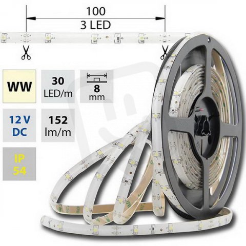 LED pásek SMD3528 WW, 30LED, IP54, 5m