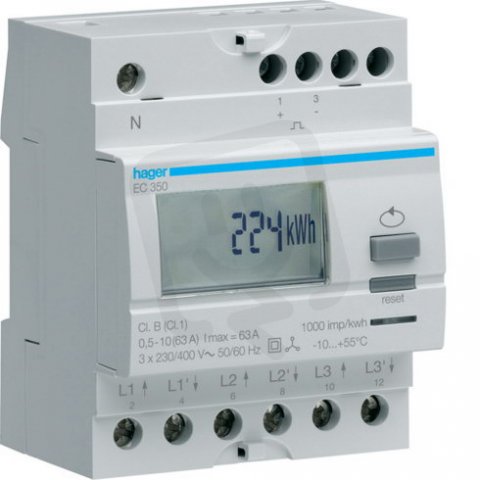 Hager EC350 Digitální elektroměr 3F, 1Tar. přímé měř. do 63 A, s imp. výstupem