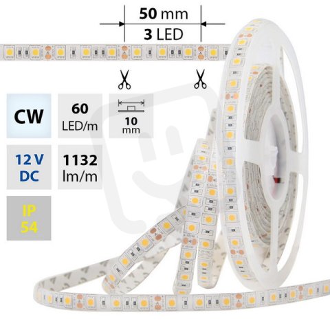 LED pásek SMD5050 CW, 60LED/m, 14,4W/m, 1132lm/m, IP54, DC 12V, 10mm, 5m