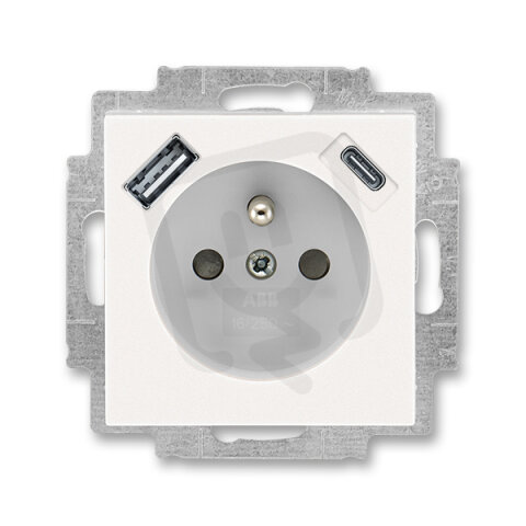 Zásuvka s kolíkem, s clonkami, USB-A/C perleťová/ledová bílá ABB 5569H-A32357 68