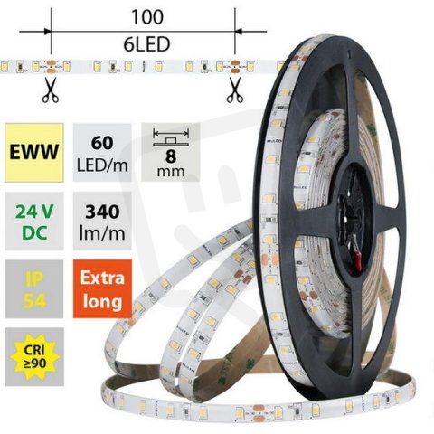 LED pásek SMD2835 EWW, 60LED/m, 4,8W/m, DC 24V, 340lm/m, CRI90, IP54, 8mm, 5m