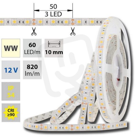 LED pásek SMD5050 WW, 60LED/m, 14,4W/m, 1036lm/m, IP54, DC 12V, 10mm, 5m