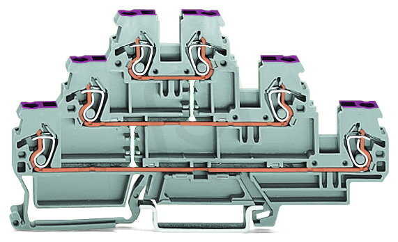 Třípatrová 6vodičová průchozí svorka L šedá WAGO 870-556