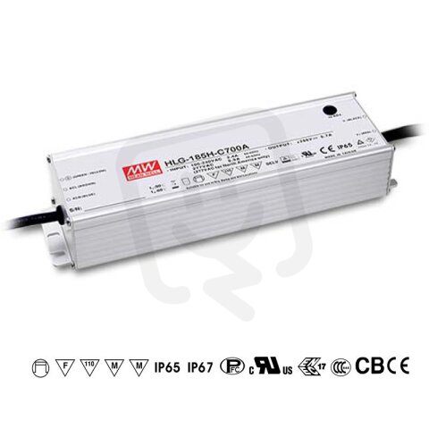 Stmívatelný proudový zdroj 200W 700mA MEAN WELL HLG-185H-C700B