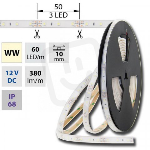 LED pásek SMD3528 WW, 60LED, IP68, 5m, 12V, 4,8 W/m
