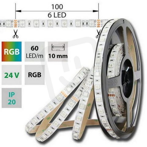 LED pásek SMD5050 RGB, 60LED/m, 14,4W/m, DC24V, 560lm/m, IP20, 10mm, 5m