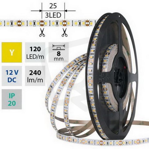LED pásek SMD2835 žlutý, 120LED/m, 9,6W/m, DC 12V, 240lm/m, IP20, 8mm, 50m