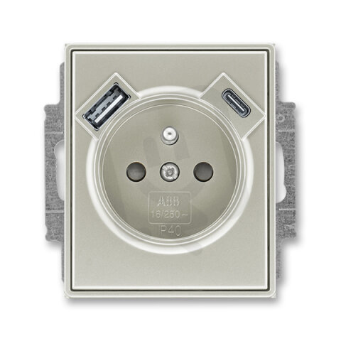 Zásuvka s kolíkem, s clonkami, USB-A/C starostříbrná ABB 5569E-A32357 32