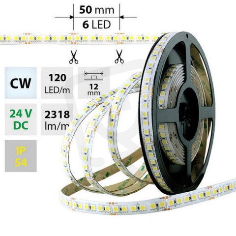 LED pásek SMD5050 CW, 120LED/m, 28,8W/m, 2318lm/m, IP54, DC 24V, 12mm, 5m