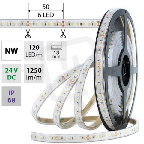 LED pásek SMD2835 NW, 120LED/m, 14W/m, 1250lm/m, IP68, DC 24V, 13mm, 5m