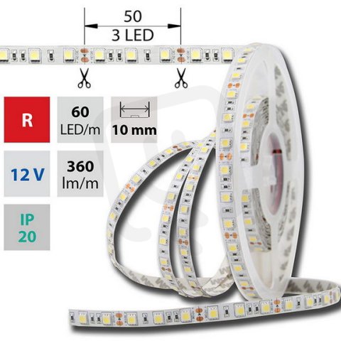 LED pásek SMD5050 červený, 60LED/m, 14,4W/m, DC 12V, 360lm/m, IP20, 10mm, 5m