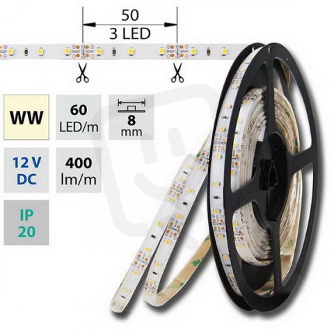 LED pásek SMD3528 WW, 60LED, IP20, 50m, 12V, 4,8 W/m