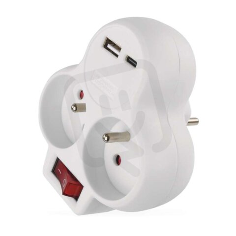 Rozbočovací zásuvka 2×, vyp., 1×USB-A+1×USB-C, bílá EMOS P0073