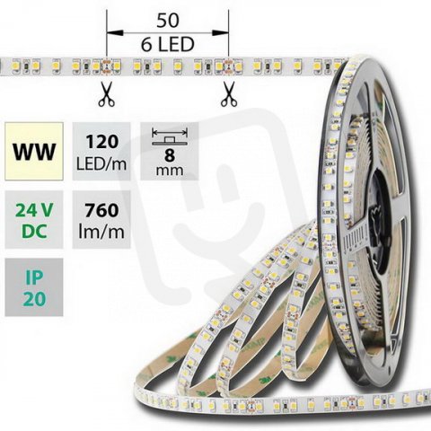 LED pásek SMD3528 WW, 120LED, IP20, 50m, 24V, 9,6 W/m
