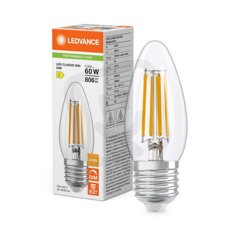 Světelný zdroj LED CLASSIC B DIM P 5.9W 827 Clear E27 LEDVANCE 4099854777967