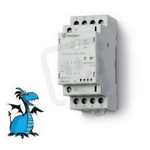 Instalační stykač, 3Z+1R/25 A, 24 V AC/DC, AgSnO2, přep. FINDER 22.34.0.024.4740