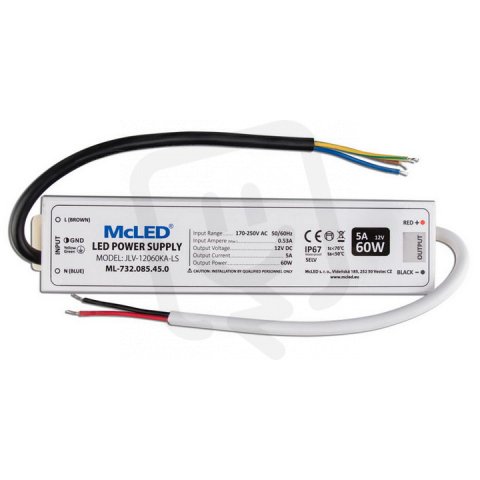 Napájecí zdroj 60W, DC12V/5A, IP67, hliníkové provedení MCLED ML-732.085.45.0