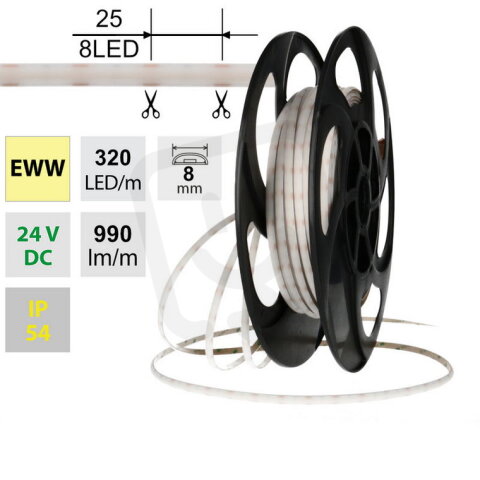 LED pásek Dot-Free EWW 320LED/m 10W/m DC24V 990lm/m CRI90 IP54 8mm 50m