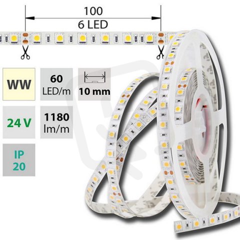 LED pásek SMD5050 WW, 60LED/m, 14,4W/m, DC 24V, 1152lm/m, IP20, 10mm, 5m