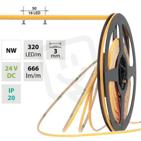 LED pásek COB NW 320LED/m 6W/m DC 24V 666lm/m CRI90 IP20 modul 50mm 3mm 10m