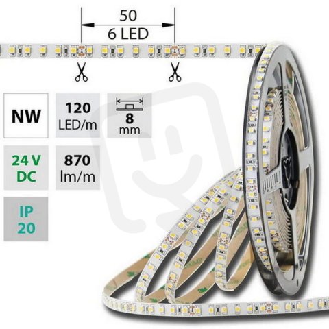 LED pásek SMD3528 neutrálně bílý, 120LED/m, IP20, DC 24V, 8mm, 5m