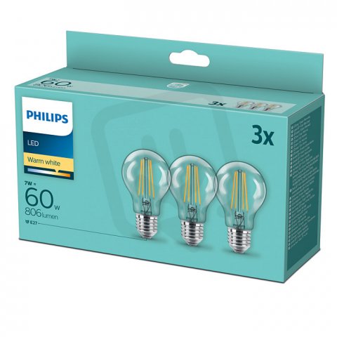 LED žárovka PHILIPS 3ks CL LEDbulb 7W-60W WW A60 E27 CL ND