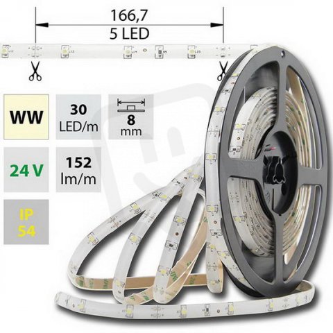 LED pásek SMD3528 WW, 30LED, IP54, 5m