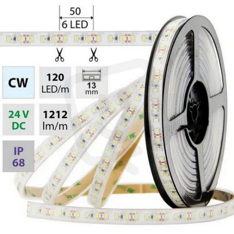 LED pásek SMD2835 CW, 120LED/m, 14W/m, 1212lm/m, IP68, DC 24V, 13mm, 5m