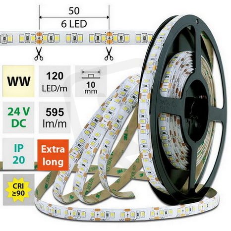 LED pásek SMD2835 WW, 120LED/m, 7W/m, DC 24V, 595lm/m, CRI90, IP20, 10mm, 50m