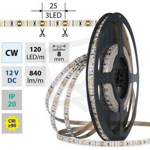 LED pásek SMD2835 CW, 120LED/m, 9,6W/m, DC 12V, 840lm/m, CRI90, IP20, 8mm, 50m