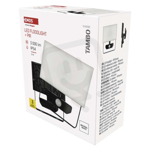LED reflektor TAMBO se senzorem pohybu, 30 W, 3000 lm, černý EMOS ZS2932