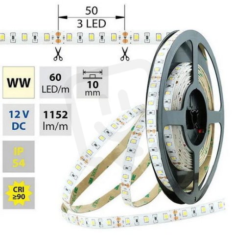 LED pásek SMD2835 WW, 60LED/m, 14,4W/m, 1152lm/m, IP54, DC 12V, 10mm, 5m