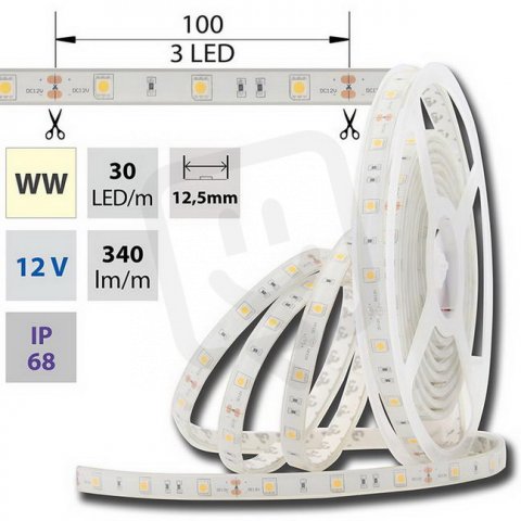 LED pásek SMD5050 WW, 30LED/m, IP68, 5m, 12V, 7,2 W/m - ML-121.593.60.0