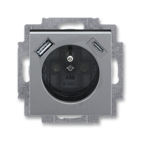 Zásuvka s kolíkem, s clonkami, USB-A/C ocelová/kouřová černá ABB 5569H-A32357 69