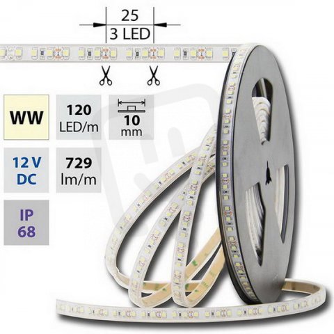 LED pásek SMD3528 WW, 120LED, IP68, 5m, 12V, 9,6 W/m