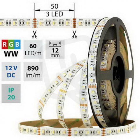 LED pásek SMD5050 RGB + WW, 60LED,5m, 12V, 19,2 W/m