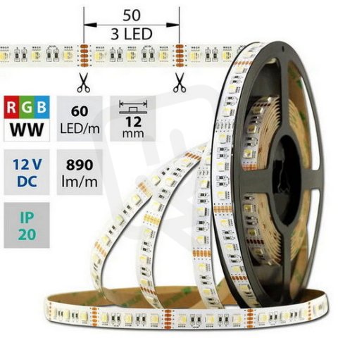 LED pásek SMD5050 RGB + WW, 60LED/m, 19,2W/m, DC 12V, 890lm/m, IP20, 12mm, 5m
