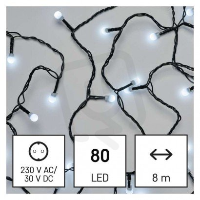LED vánoční cherry řetěz kuličky, 8 m, venkovní i vnitřní, studená bílá, časovač