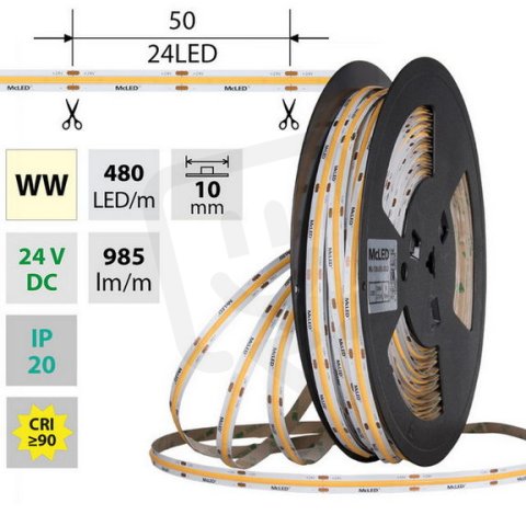 LED pásek COB WW, 480LED/m, 10W/m, DC 24V, 985lm/m, CRI90, IP20, 10mm, 5m
