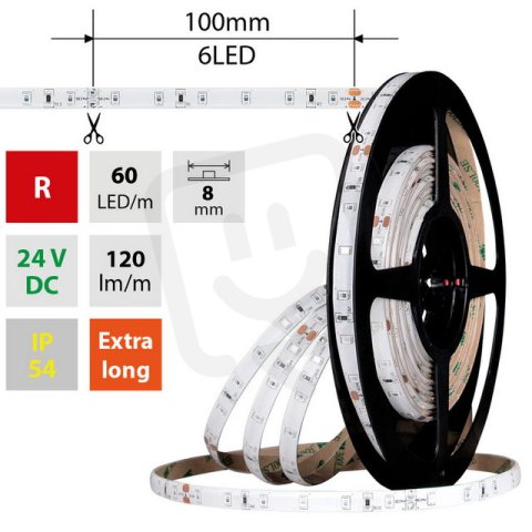 LED pásek SMD2835 červený, 60LED/m, 4,8W/m, DC 24V, 120lm/m, IP54, 8mm, 5m