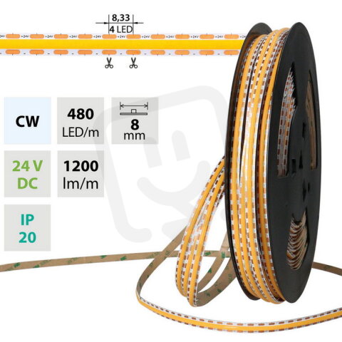 LED pásek COB CW 480LED/m 12W/m DC 24V 1200lm/m CRI90 IP20 modul 8,33mm 8mm 50m
