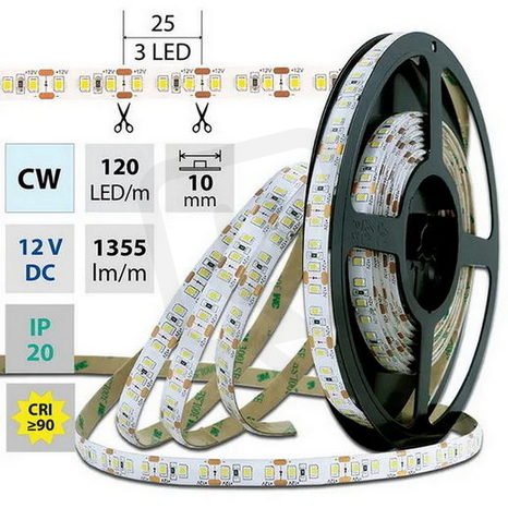 LED pásek SMD2835 CW, 120LED/m, 14W/m, 1355lm/m, IP20, DC 12V, 10mm, 50m