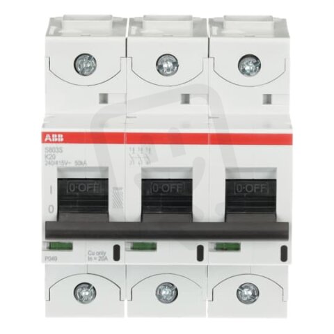 S803S-K20 jistič 3P char. K 20A s klecovou svorkou Icu 50kA ABB 2CCS863001R0487