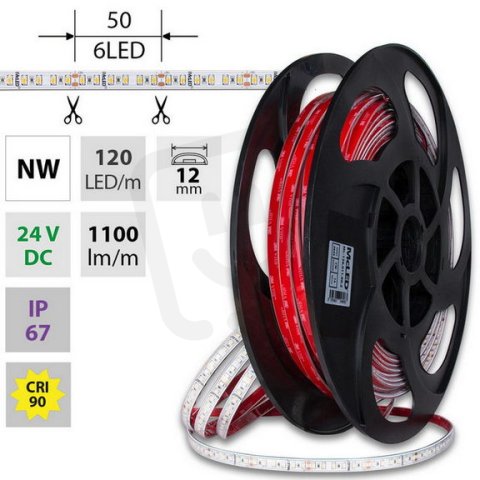 LED pásek SMD2835 NW, 120LED/m, 14W/m, DC 24V, 1100lm/m, CRI90, IP67, 12mm, 50m