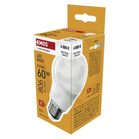 LED žárovka Basic A60, E27, 8,8 W (60 W), 806 lm, neutrální bílá EMOS ZL5F48
