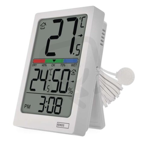 Digitální teploměr s vlhkoměrem, drátové čidlo, budík EMOS E0558P