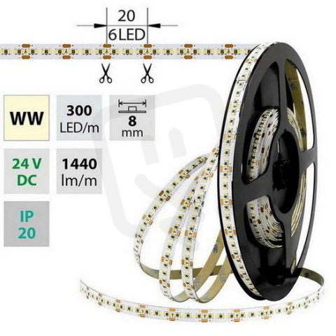 LED pásek SMD2216 WW, 300LED/m, 18W/m, 1440lm/m, IP20, DC 24V, 8mm, 5m